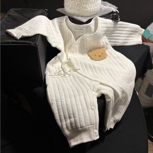 White Quilted Baby Onesie with Bear Patch